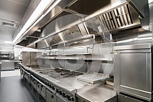 ventilation and exhaust system in commercial kitchen, with hoods above cooking appliances