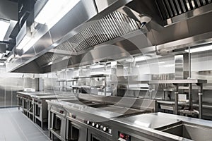 ventilation and exhaust system for a commercial kitchen, with hoods and fans providing optimal airflow