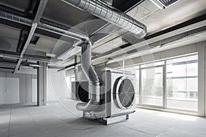 ventilation and exhaust system component, such as blower or fan, being installed in modern office building