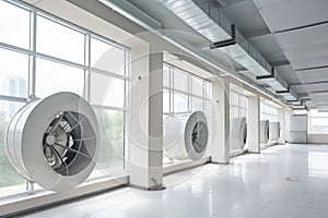 ventilation and exhaust system component, such as blower or fan, being installed in modern office building