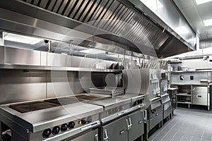 ventilation system in commercial kitchen, with hoods over cooking equipment and exhaust vents for smoke and grease