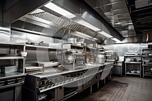 ventilation system in commercial kitchen, with hoods over cooking equipment and exhaust vents for smoke and grease