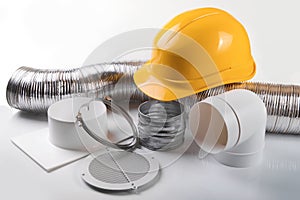 ventilation system equipment and helmet on white background photo
