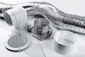 Ventilation system items and joints on white