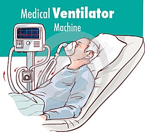 Ventilator Medical Machine Equipment fo Tracheostomy Patient Breathing in Operating Room Surgery Hospital Clinical ICU Intensive