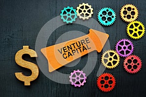 Venture capital concept. Dollar sign, arrow and gears.