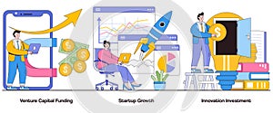 Venture capital funding, startup growth, innovation investment concept with character. Growth funding abstract vector illustration