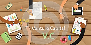 Venture capital illustration with text and team work together