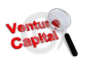 Venture capital with magnifying glass on white