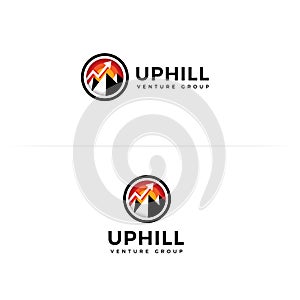 Venture group, flat cartoon style vector logo concept. Uphill in round frame with mountail and up arrow, isolated icon