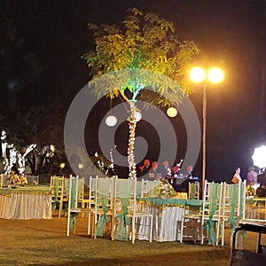 Venue for a wedding party is illuminated by lighting and beautiful sitting arrangement