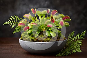 Venus flytrap, a carnivorous plant, growing in a decorative pot