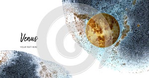 Venus planet horizontal banner watercolor hand drawn illustration with watercolor splash backgroundon white.