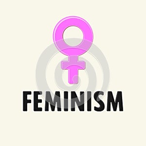 The Venus symbol & text `FEMINISM`. Isolated pink icon and black letters in cartoon style. Concept illustration