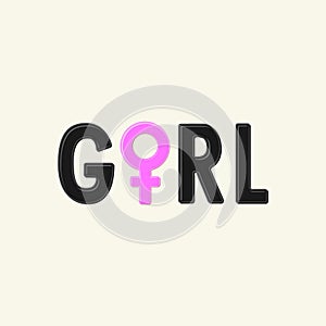 The Venus symbol & text `GIRL`. Isolated pink icon and black letters in cartoon style.