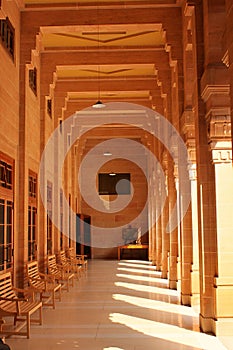 Veranda with pillars on a sunny day Umaid Bhawan Palace Jodhpur Rajasthan.