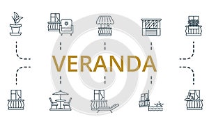 Veranda set icon. Editable icons veranda theme such as balcony furniture, chaise lounge, awning and more.