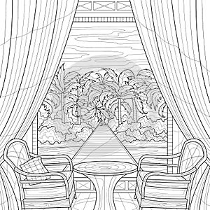 Veranda view of the palm trees.Coloring book antistress for children and adults.