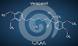 Verapamil molecule. It is calcium channel blocker used in treatment of high blood pressure, heart arrhythmias, angina. Structural