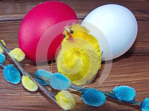 Verba twigs and Easter eggs next to little yellow chick. Colorful Easter eggs - part of the passover meal. Easter