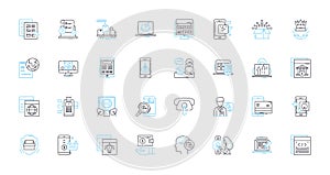 Verbal exchange linear icons set. Dialogue, Conversation, Debating, Communication, Interacting, Expression, Talk line photo