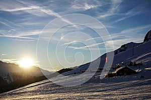 Verbier sunset over the piste