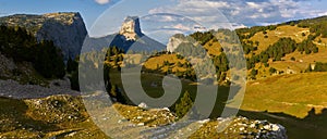 Vercors High Plateaus and Mont Aiguille in Autumn at Sunset. Isere, Alps, France photo