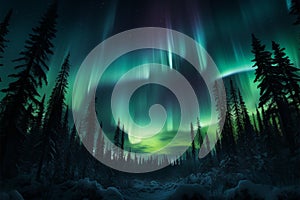 Verdant aurora borealis graces the northern light forest and sky