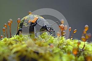Verdant Beetle moss nature macro. Generate Ai photo