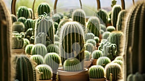 Verdant Collection of Spherical Cacti, a Symbol of Resilience and Adaptation, in a Serene Desert Greenhouse Environment