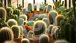 Verdant Collection of Spherical Cacti, a Symbol of Resilience and Adaptation, in a Serene Desert Greenhouse Environment