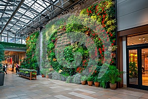 Verdant living wall installed on the interior of a shopping mall, enhancing the indoor environment with natural beauty