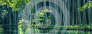 Verdant lush green trees encircle a serene body of pristine water in a secluded bamboo forest