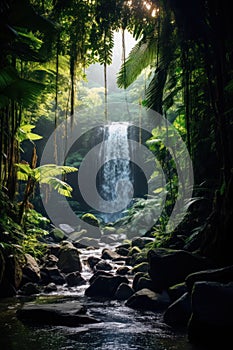 Verdant rainforest cascade with sunlight piercing through