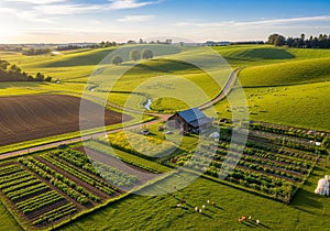 Verdant rolling hills with patchwork fields under a clear blue sky. A
