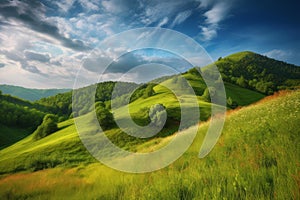 Verdant Summer landscape hills view. Generate Ai photo