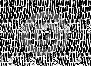 Verical short marker strokes, bold and thin lines. Seamless pattern with different hand marks. Vector monochrome texture