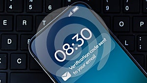 Verification email notification on the smartphone screen close up, Two steps security concept background. Email, code, secure, otp photo