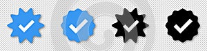 Verified badge profile set. Profile Verification. Approved icon with a Check mark. Isolated check mark on black and blue. Vector