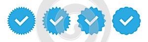 Verified checkmark tick. Approved checkmark icon. Verified badge in blue. Approve checkmark tick. Blue verify symbol