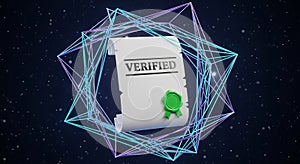 Verified Document Digital Certificate with Neon Wireframe Background
