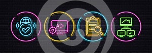 Verified internet, Search analysis and Seo adblock minimal line icons. For web application, printing Vector