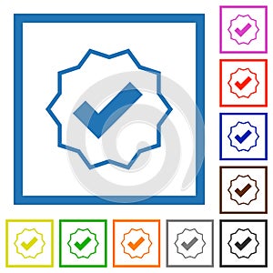 Verified sticker outline flat framed icons