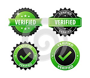 Verified stickers, green and black label on white background