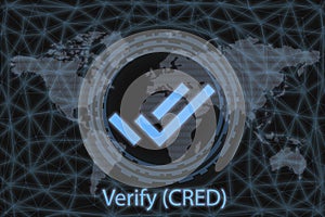 Verify CRED Abstract Cryptocurrency. With a dark background and a world map. Graphic concept for your design