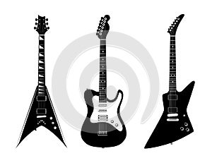 Verious vector electric guitars illustration black color isolated on white background - Rock Music instruments.