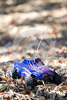 Veritcal of toy RC truck in leaves photo