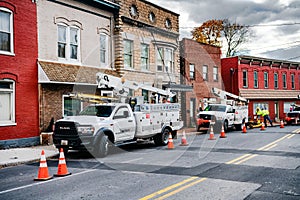 Verizon Cars line the side of the road. Verizon special equipment for Internet debugging