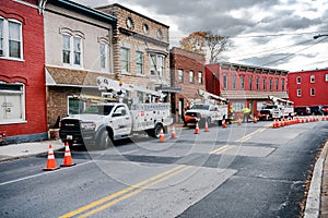 Verizon Cars line the side of the road. Verizon special equipment for Internet debugging