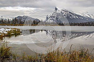 Vermillion lake and mt rundle during late fall in Banff national park in late fall, Alberta Canada